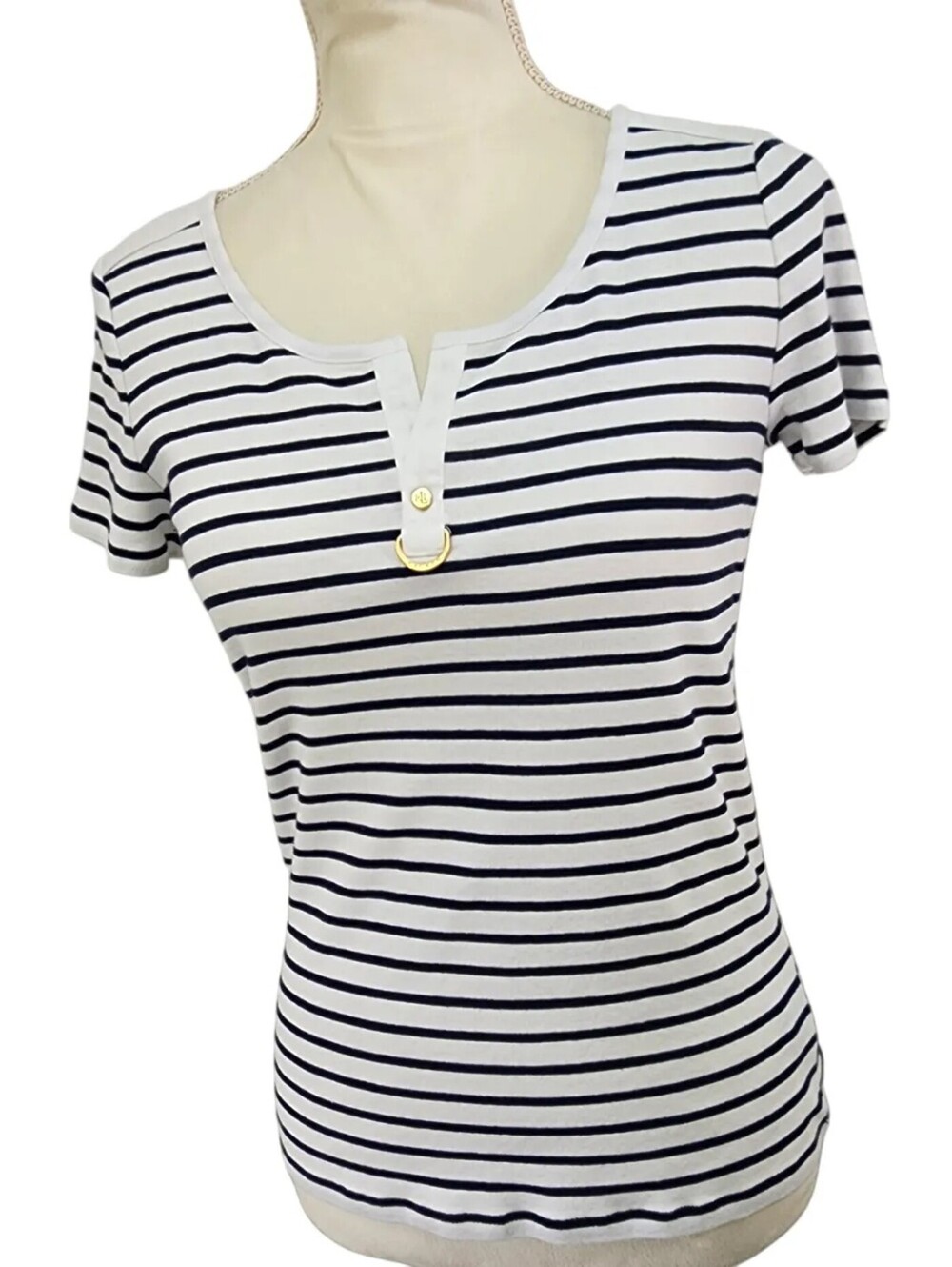 Lauren Ralph Lauren Striped Henley Top White Navy PM